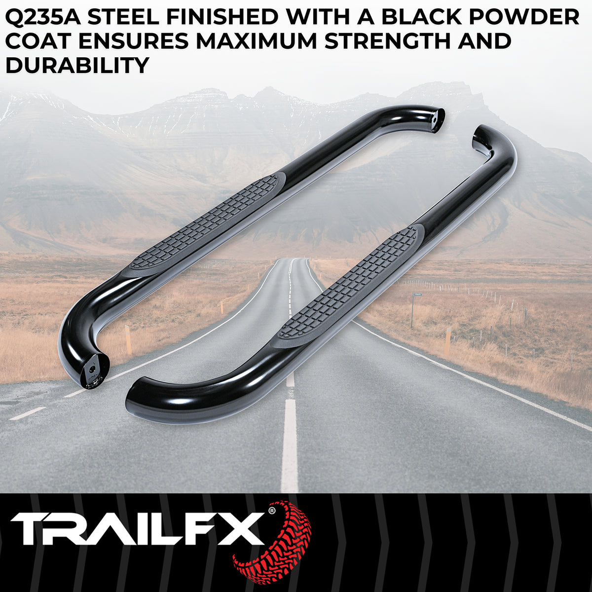 TrailFX Step Nerf Bar For Chevrolet, GMC Trucks - With Step Pads, 3 Inch Round Bent, Without End Caps (A0061B)