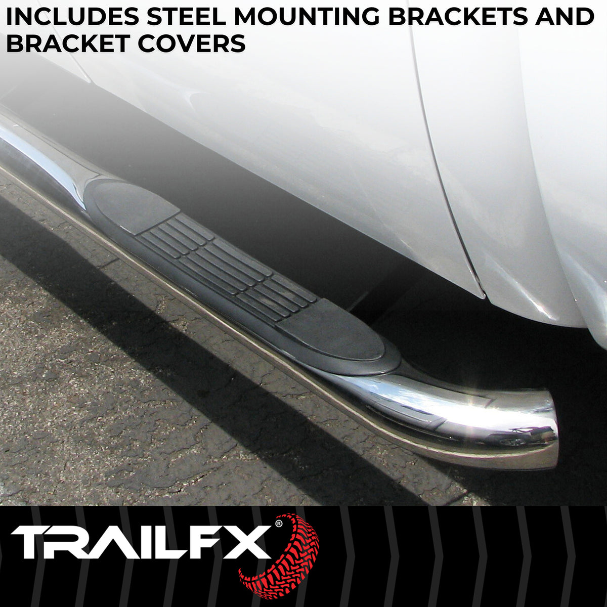 TrailFX Step Nerf Bar For Chevrolet, GMC Trucks - With Step Pads, 3 Inch Round Bent, Without End Caps (A0061S)