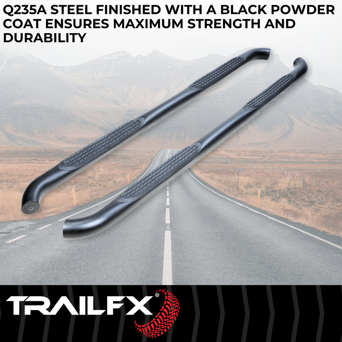 TrailFX Step Nerf Bar For Jeep Gladiator - With Step Pads, 3 Inch Round Bent 90 Degree, Without End (A0063T)