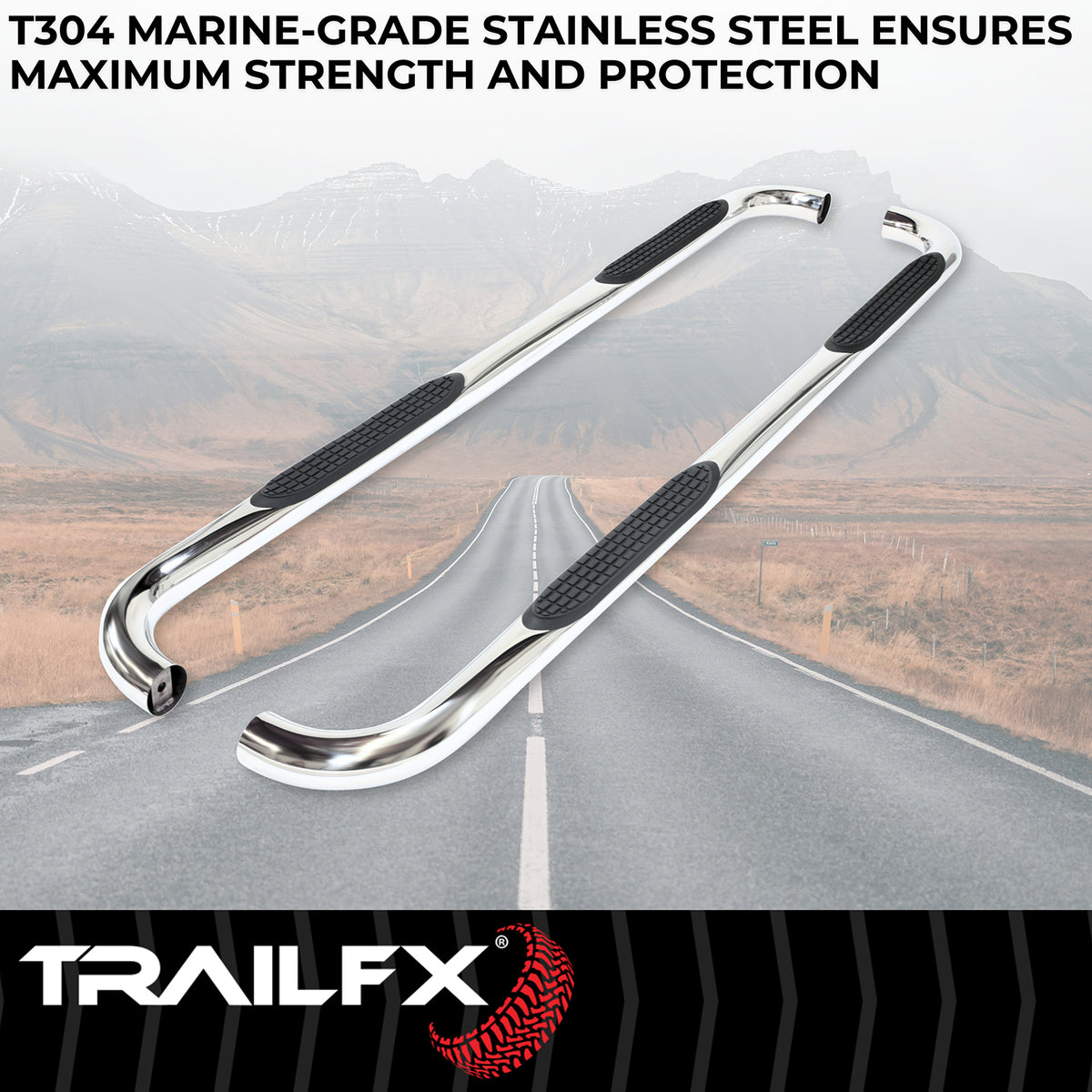 TrailFX Step Nerf Bar For Toyota Tacoma - With Step Pads, 3 Inch Round Bent, Without End Caps (A0068S)
