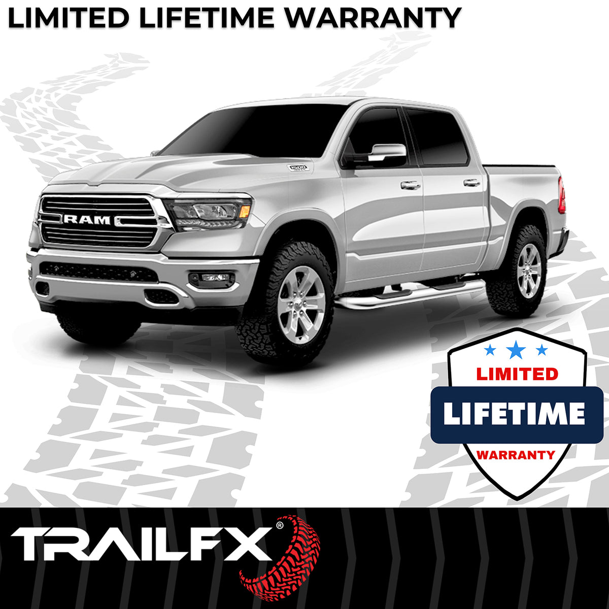 TrailFX Step Nerf Bar For Ram 1500 - With Step Pads, 4 Inch Oval Bent, With Welded End Caps (A1012S)