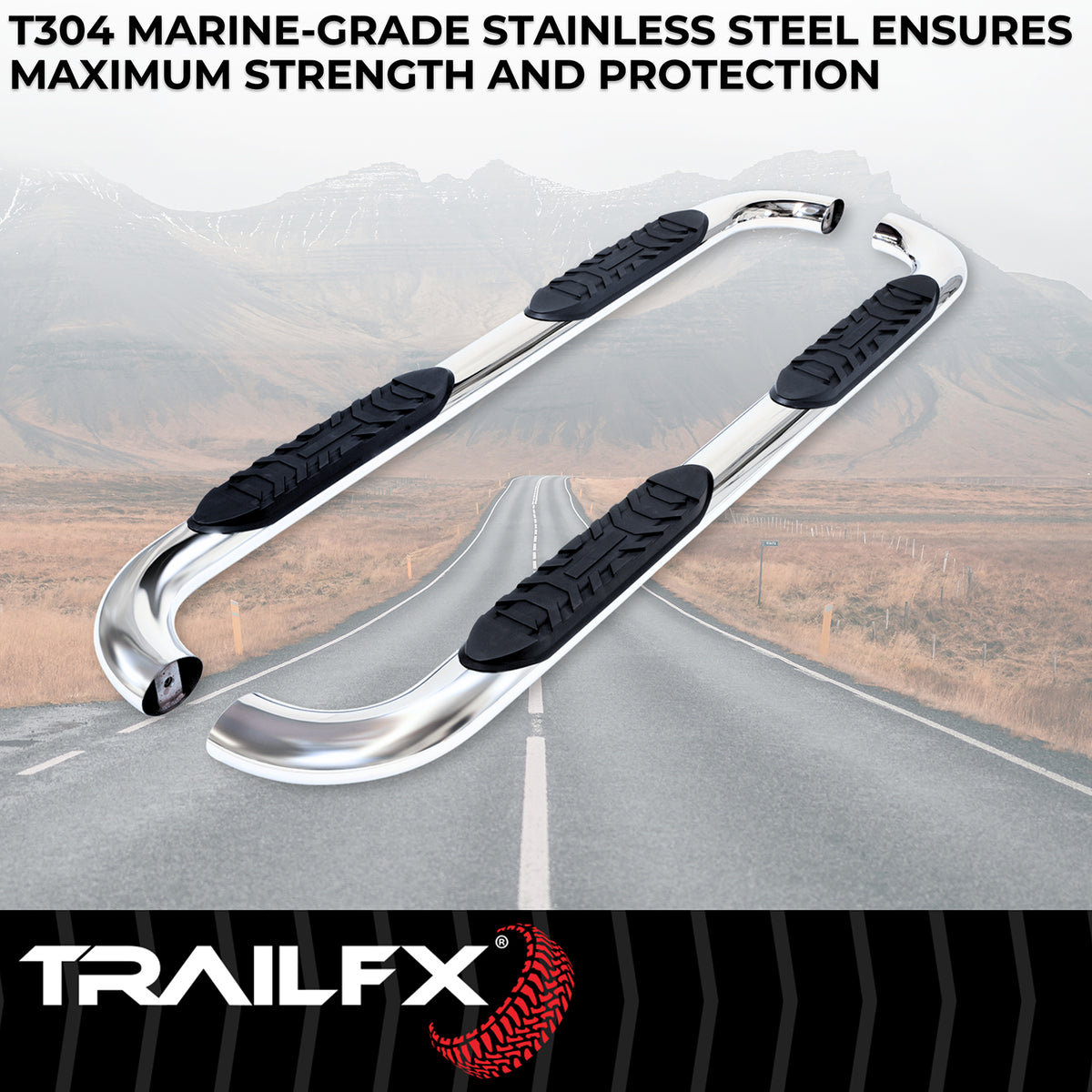 TrailFX Step Nerf Bar For Ford Ranger - With Step Pads, 4 Inch Oval Bent, With Welded End Caps (A1015S)