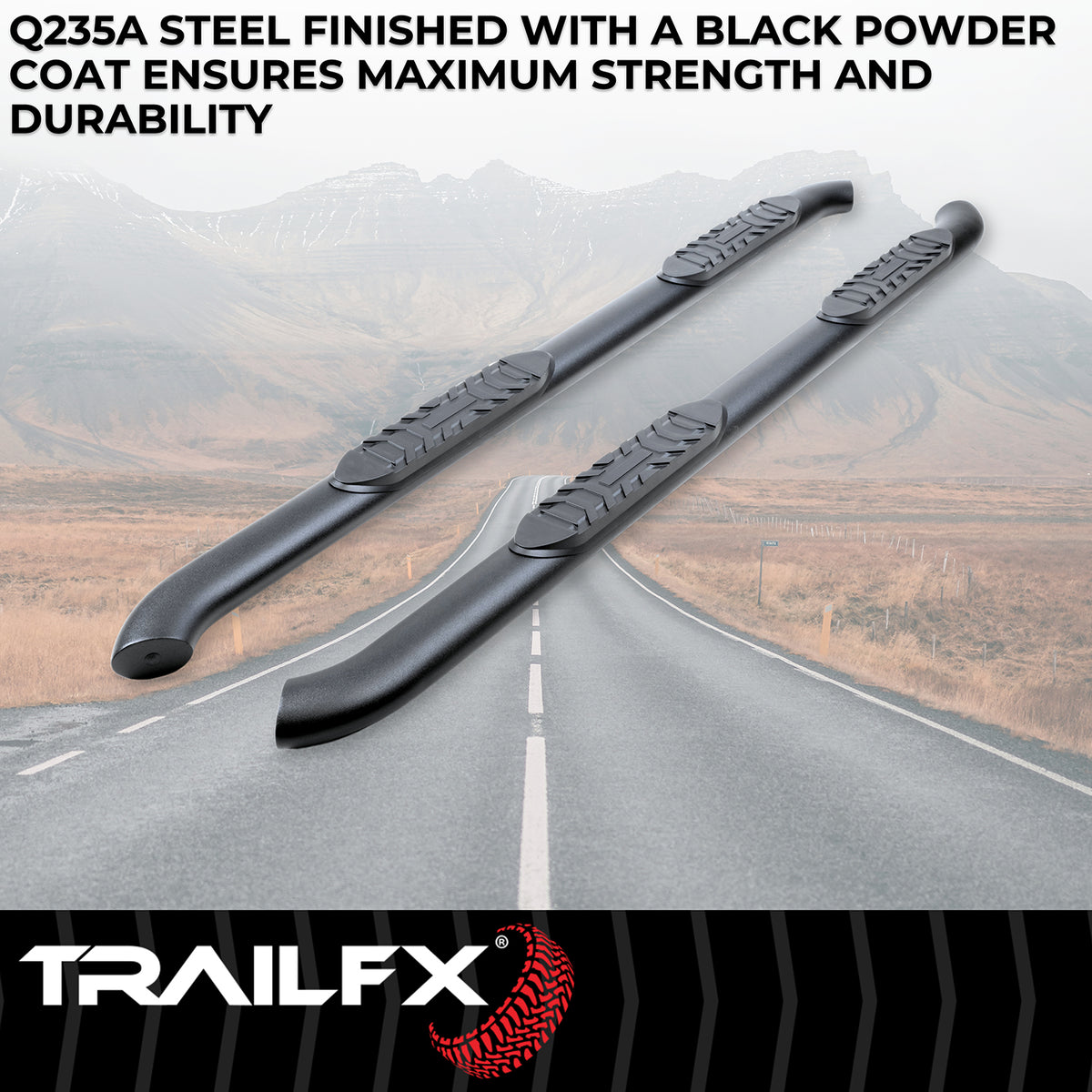 TrailFX Step Nerf Bar For Ford Bronco Sport - With Step Pads, 4 Inch Oval Bent, With Welded End Caps (A1018T)