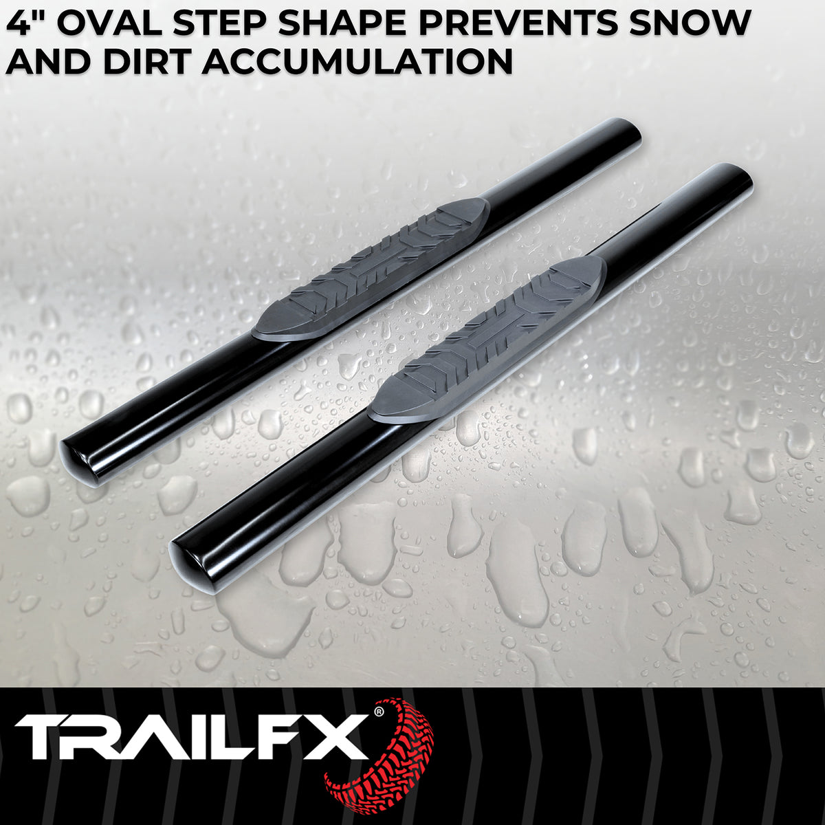 TrailFX Step Nerf Bar For Ford Trucks - With Step Pads 4 Inch Oval Straight Powder Coated Black (A1530B)