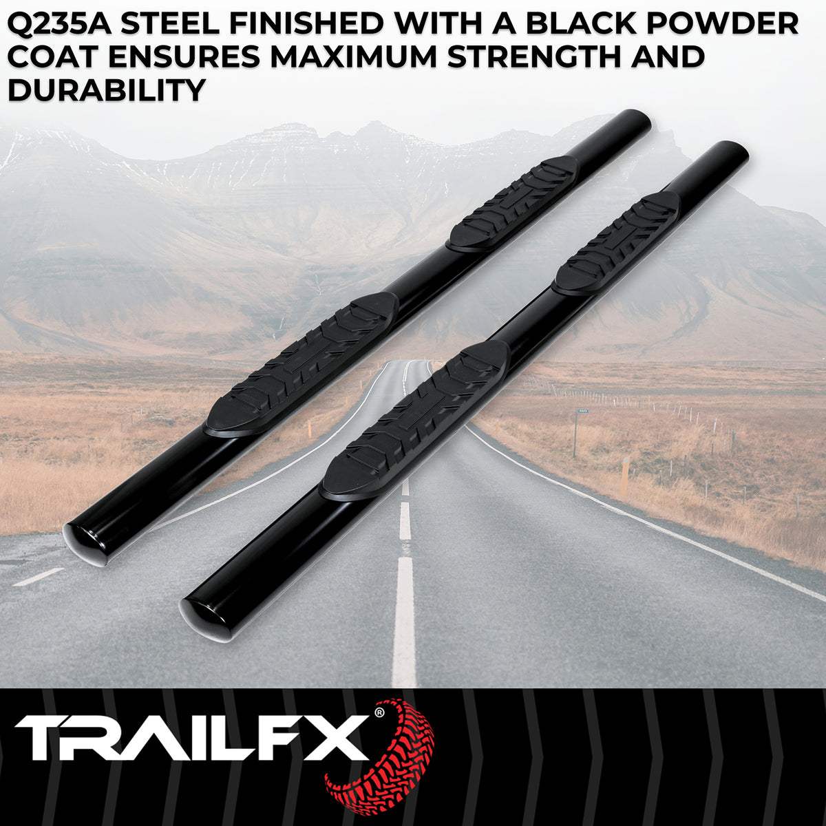 TrailFX Step Nerf Bar For Ford F-150, Ford F-250 Super Duty, Ford F-350 Super Duty - With Step Pads 4 Inch Oval Straight Powder Coated Black (A1531B)