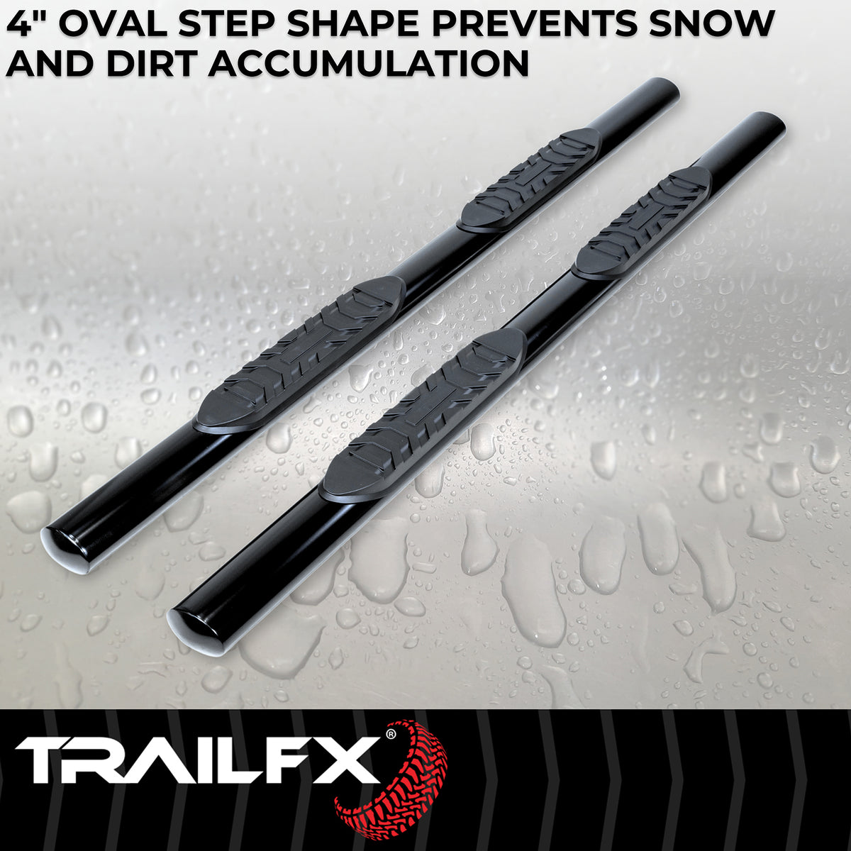 TrailFX Step Nerf Bar For Ford F-150, Ford F-250 Super Duty, Ford F-350 Super Duty - With Step Pads 4 Inch Oval Straight Powder Coated Black (A1531B)