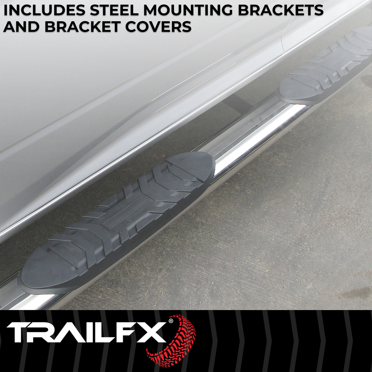 TrailFX Step Nerf Bar For Ford F-150, Ford F-250 Super Duty, Ford F-350 Super Duty - With Step Pads 4 Inch Oval Straight Polished Stainless (A1531S)