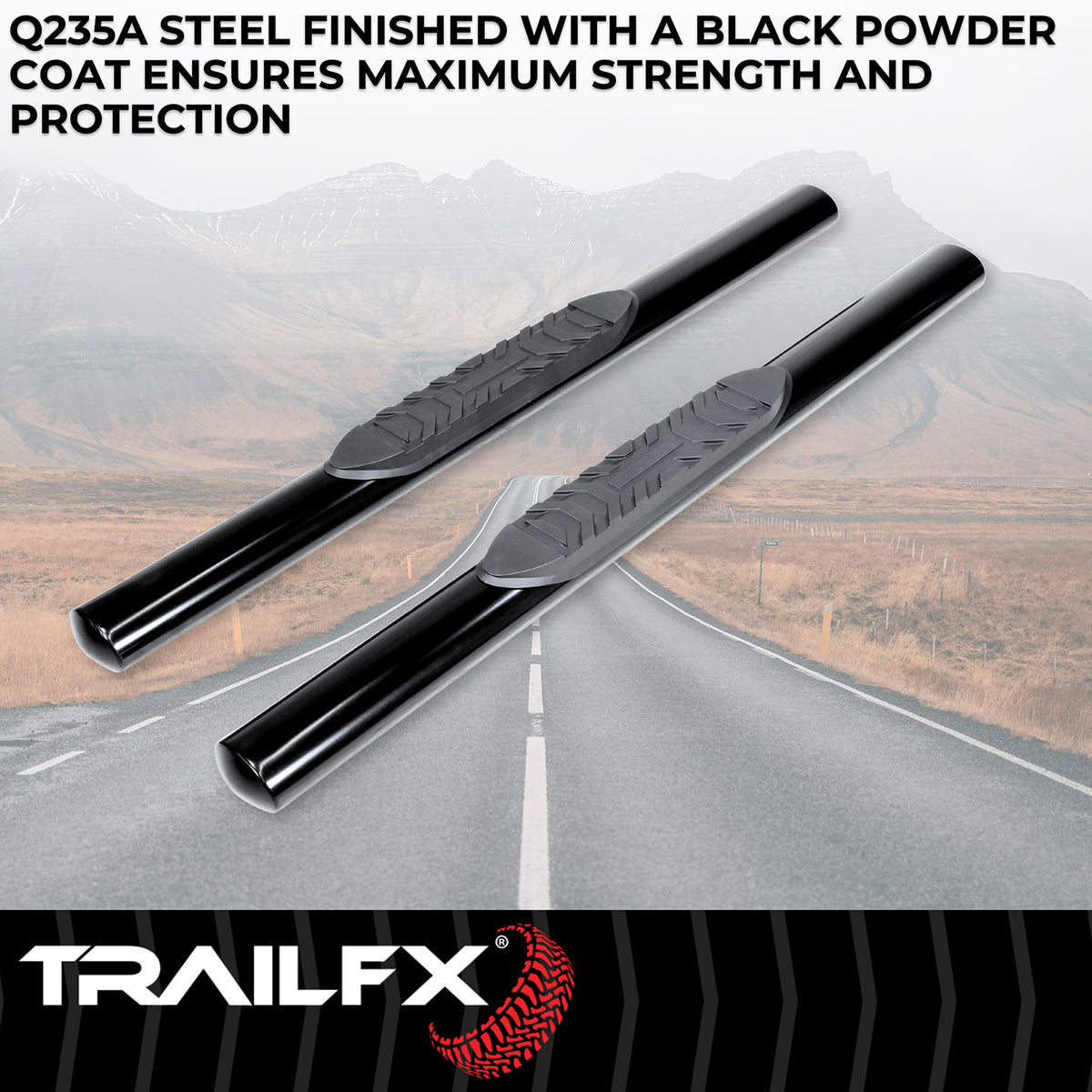 TrailFX Step Nerf Bar For Ram 1500 - With Step Pads 4 Inch Oval Straight Powder Coated Black (A1543B)