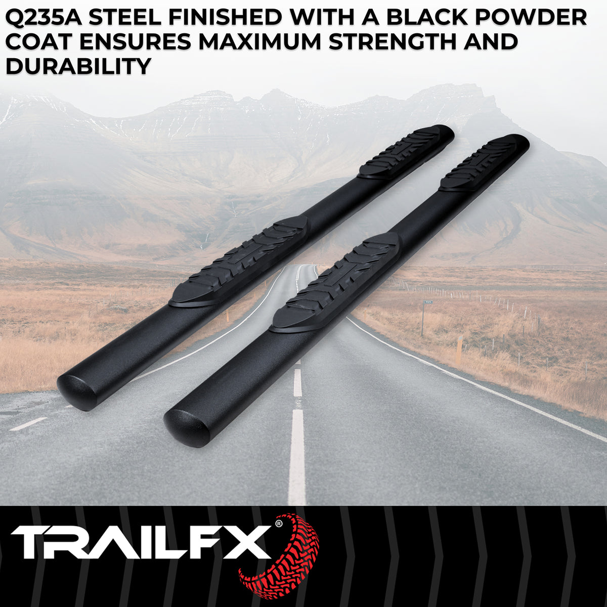 TrailFX Step Nerf Bar For Jeep Wrangler - With Step Pads 4 Inch Oval Straight Powder Coated Black (A1545T)