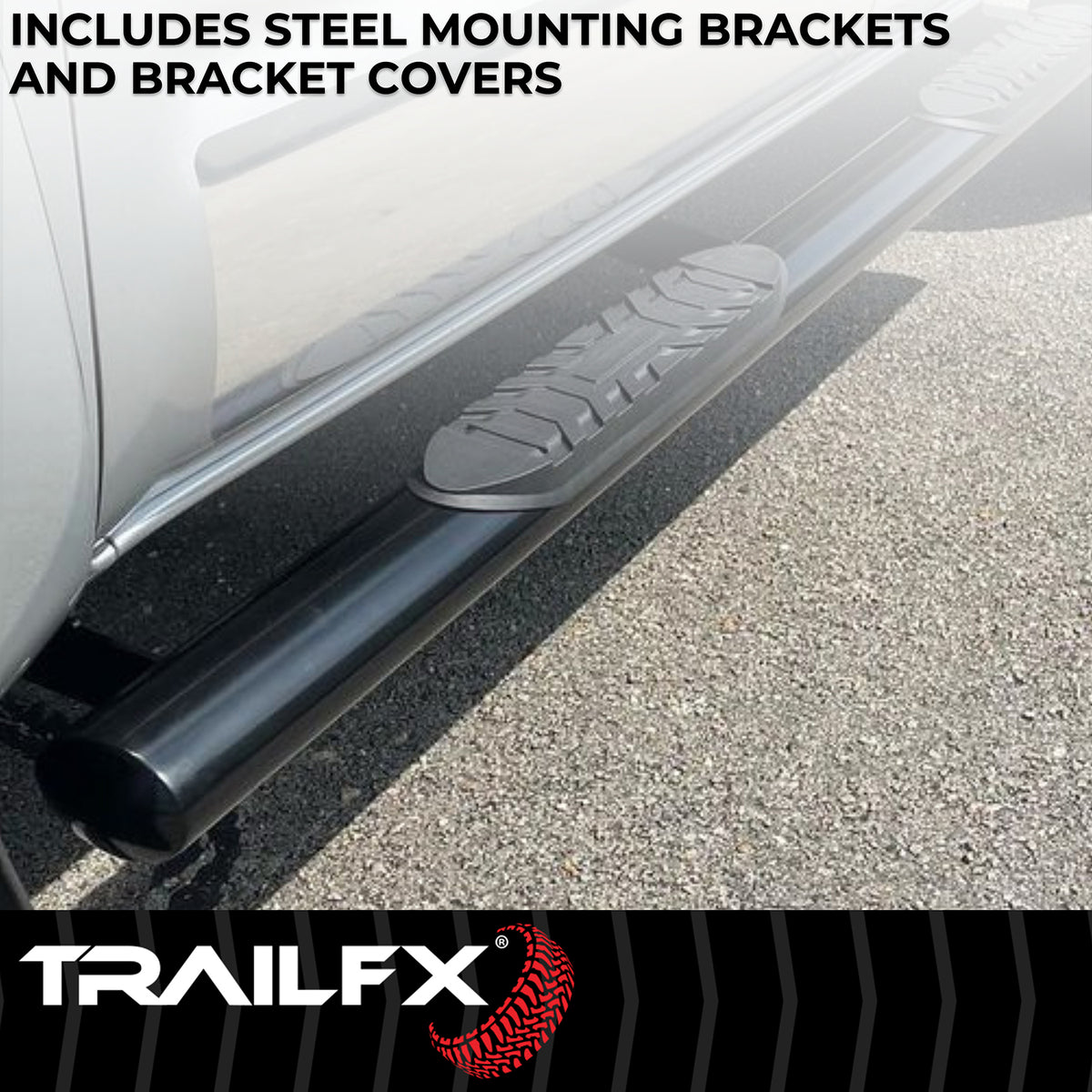 TrailFX Step Nerf Bar For Ford Ranger - With Step Pads, 4 Inch Oval Straight, With Welded End Caps (A1550B)