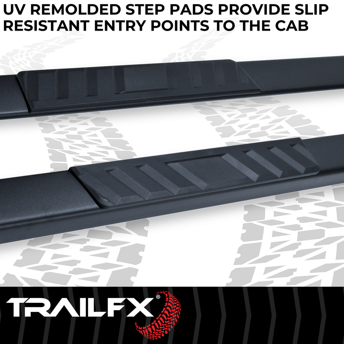 TrailFX Step Nerf Bar For Ford Trucks - With Step Pads 4 Inch Trapezoidal Straight Powder Coated (A4004B)