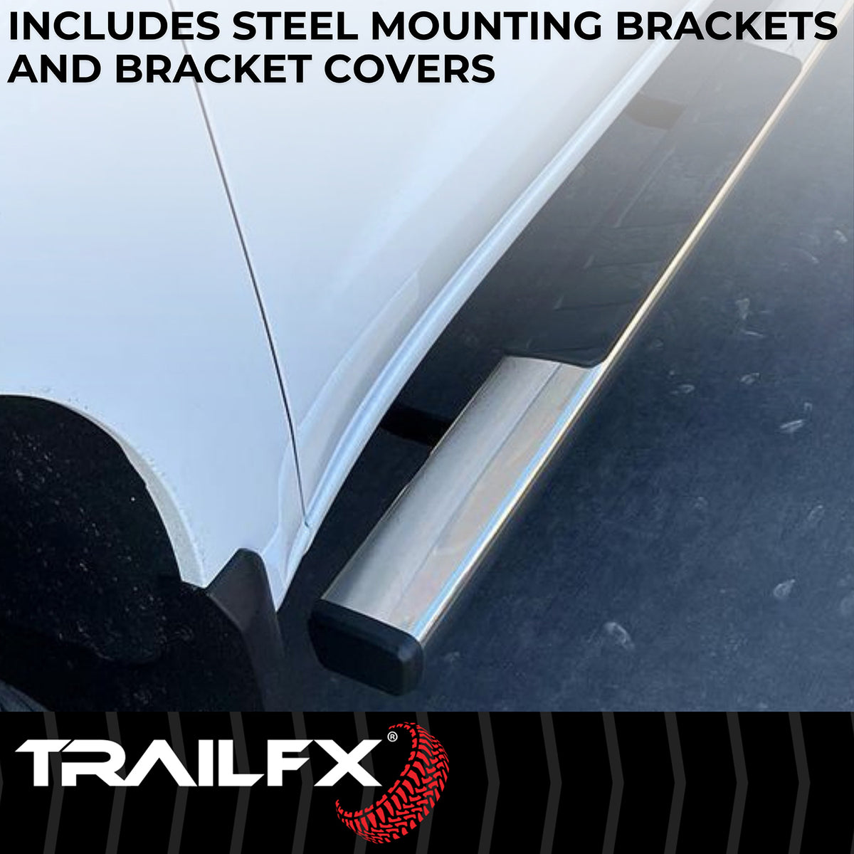TrailFX Step Nerf Bar For Ford Trucks - With Step Pads 4 Inch Trapezoidal Straight Polished (A4004S)