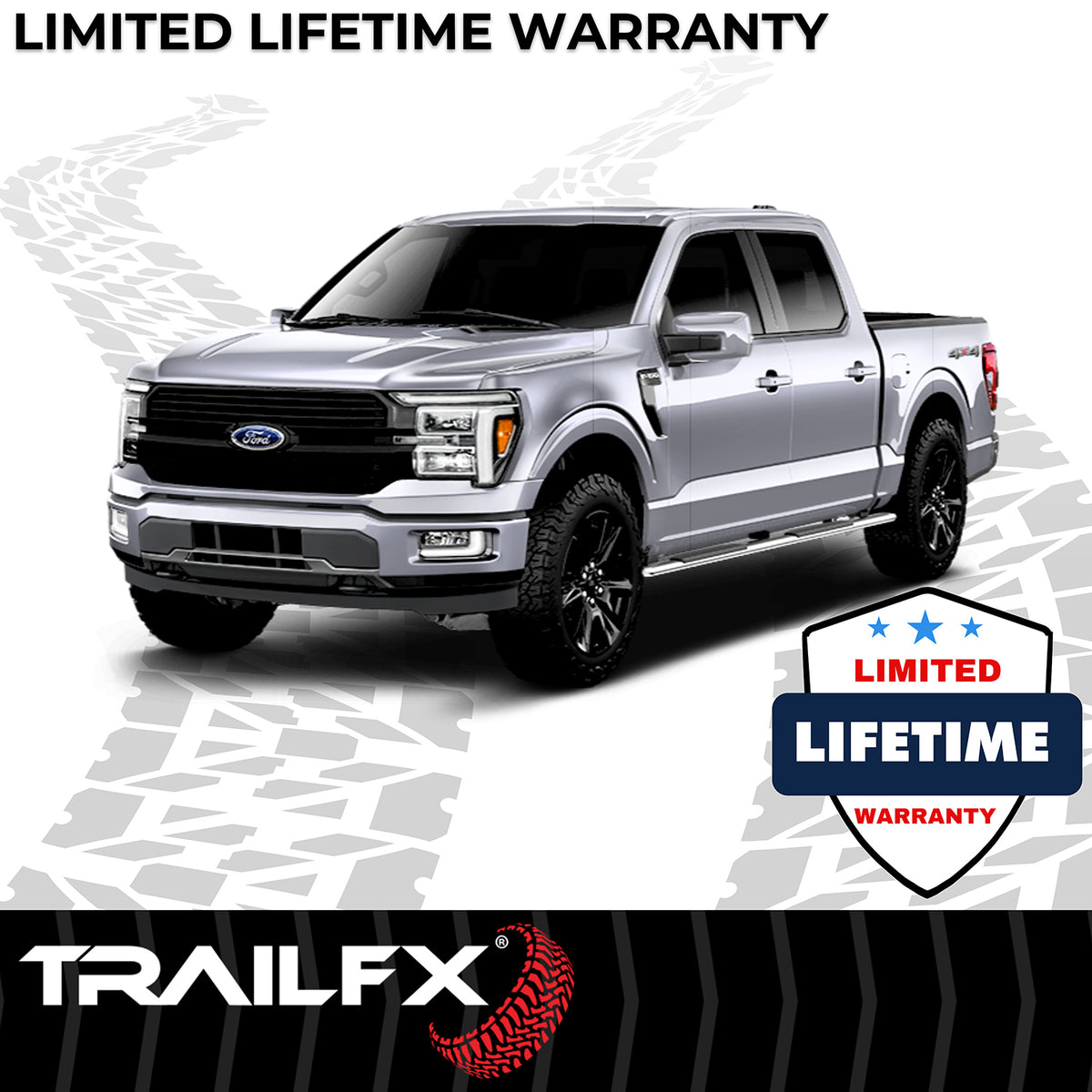 TrailFX Step Nerf Bar For Ford Trucks - With Step Pads 4 Inch Trapezoidal Straight Polished (A4004S)