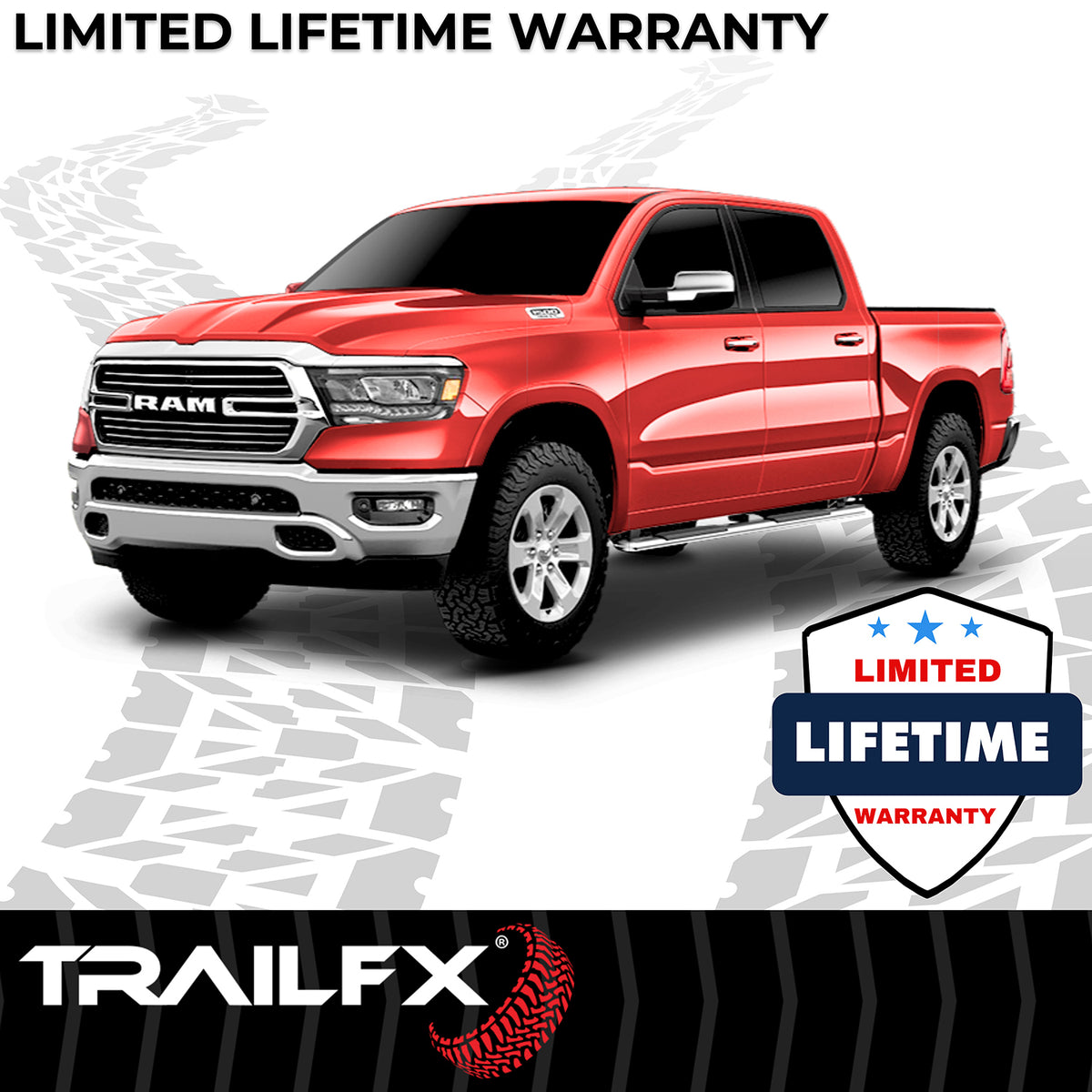 TrailFX Step Nerf Bar For Dodge Ram 1500, Ram 1500, Ram 1500 Classic - With Step Pads 4 Inch Trapezoidal Straight Polished (A4011S)