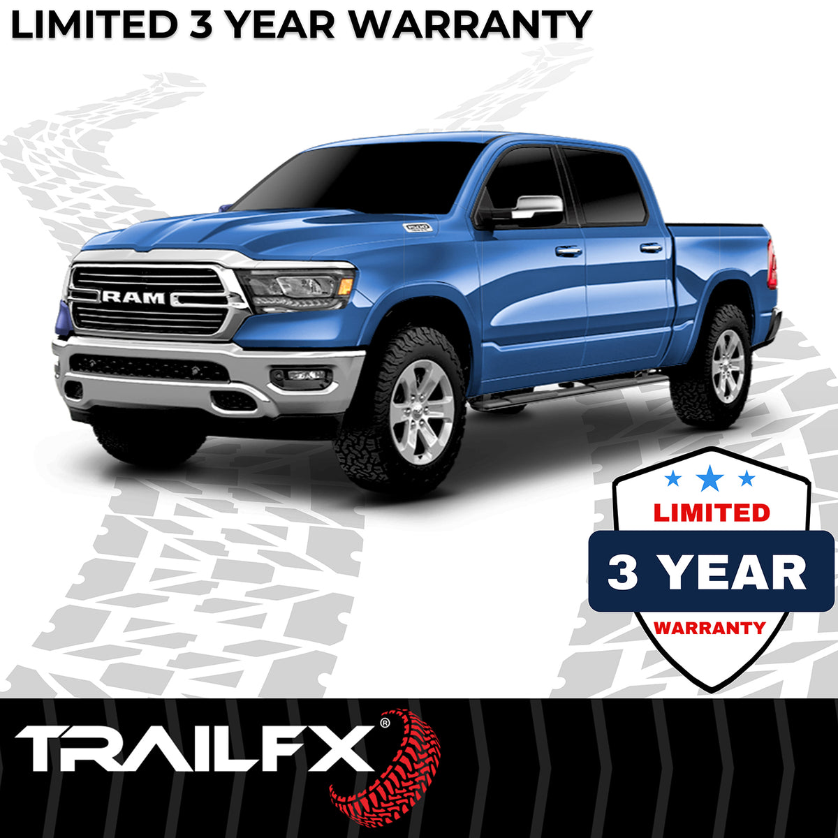 TrailFX Step Nerf Bar For Dodge, Ram Trucks - With Step Pads 4 Inch Trapezoidal Straight Powder Coated (A4012B)