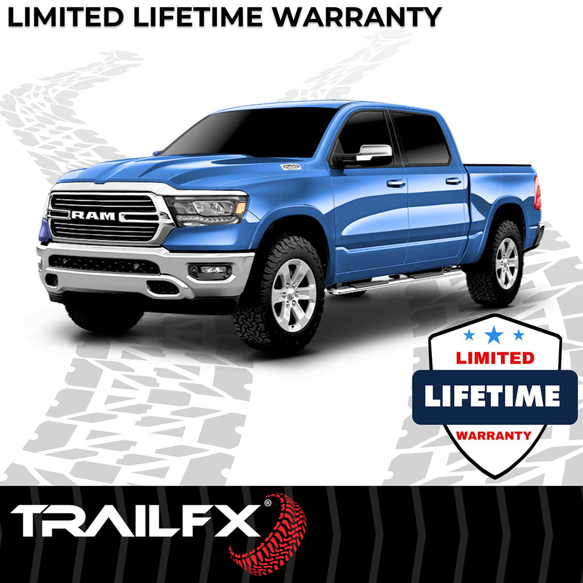 TrailFX Step Nerf Bar For Ram 1500 - With Step Pads 4 Inch Trapezoidal Straight Polished (A4016S)