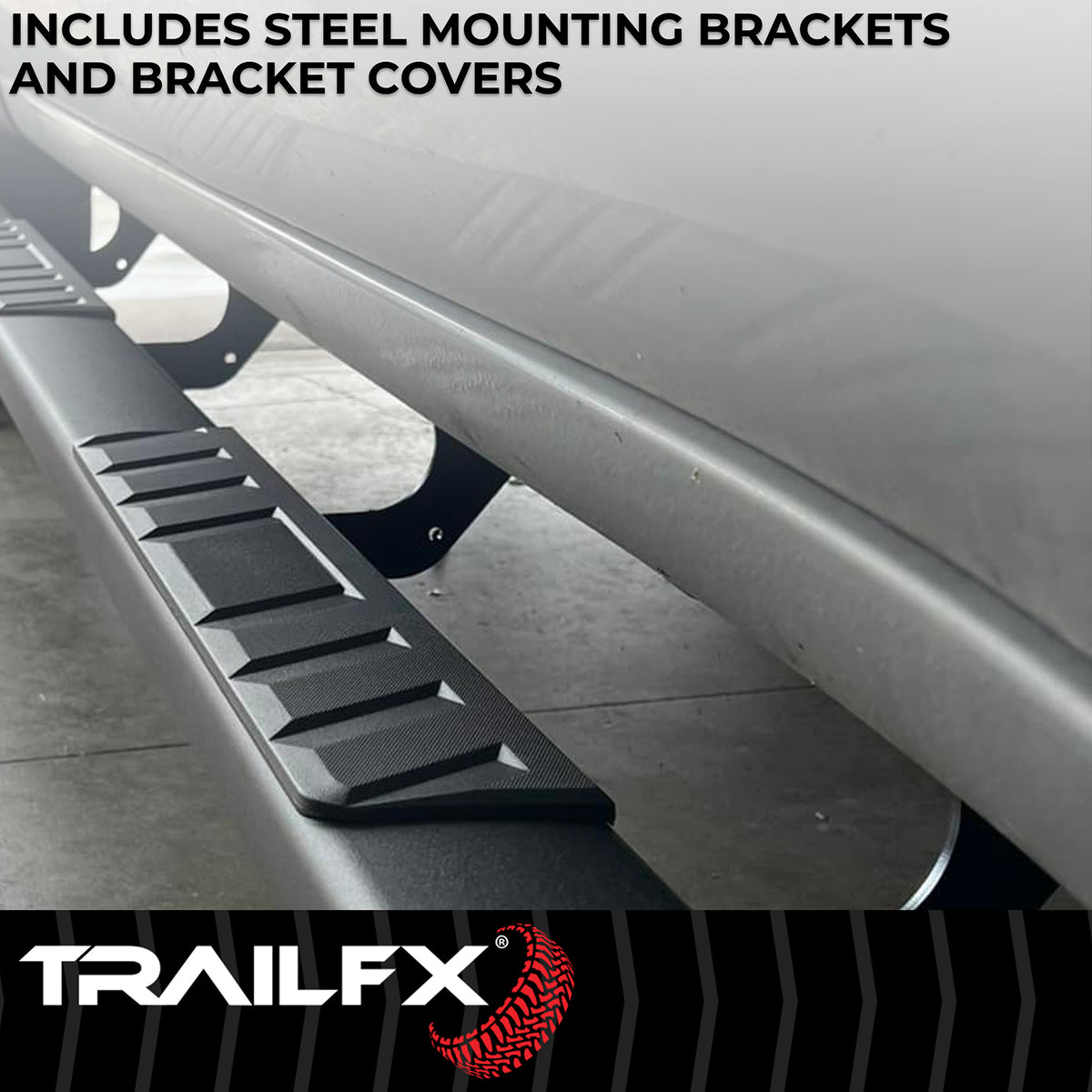 TrailFX Step Nerf Bar For Toyota Tacoma - With Step Pads, 4 Inch Trapezoidal Straight, With Plastic (A4023B)