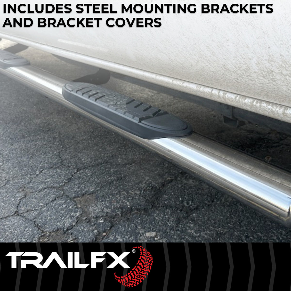 TrailFX Step Nerf Bar For Chevrolet, GMC Trucks - With Step Pads 5 Inch Oval Straight Polished Stainless (A7002S)