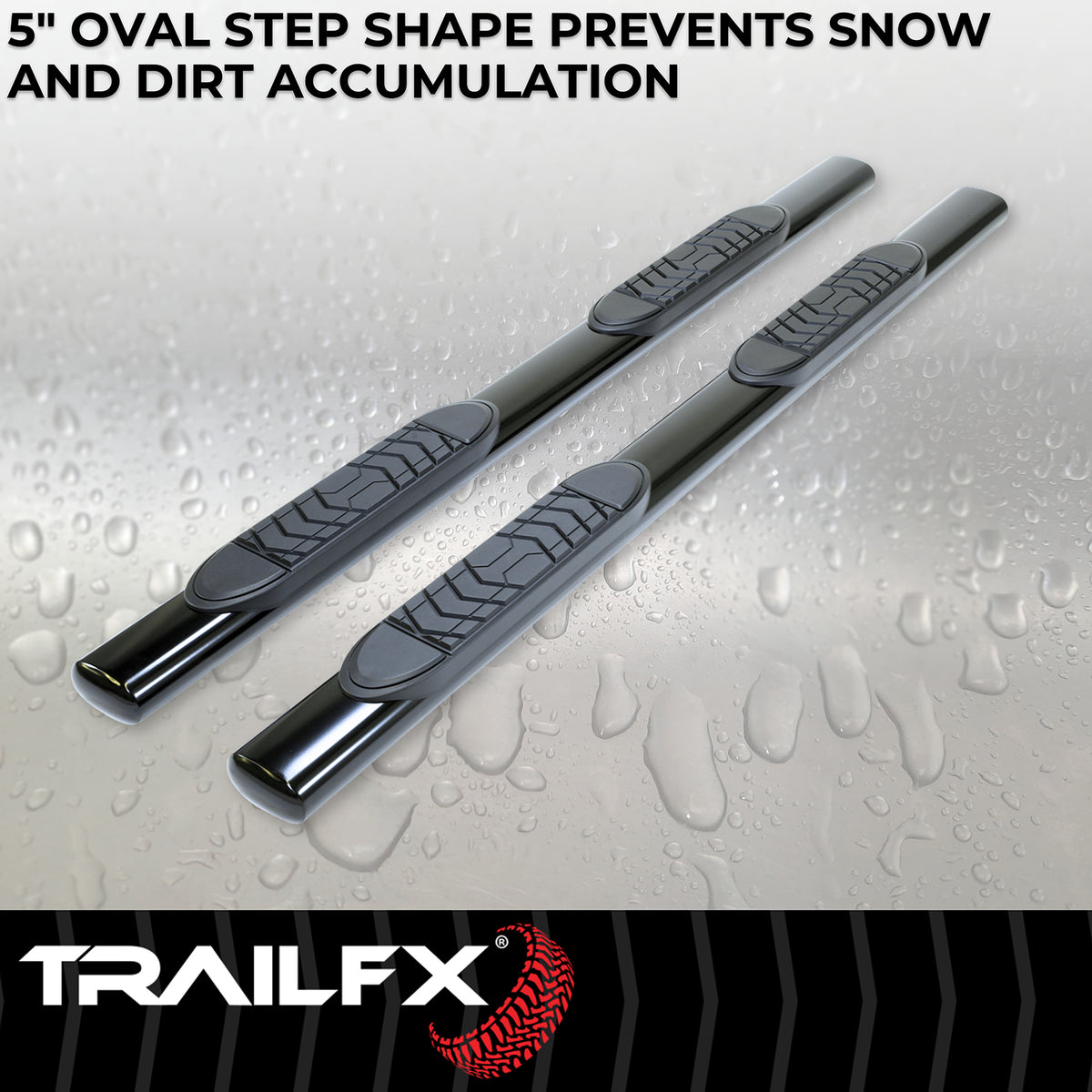 TrailFX Step Nerf Bar For Nissan TITAN, Nissan TITAN XD - With Step Pads 5 Inch Oval Straight Powder Coated Black (A7031B)