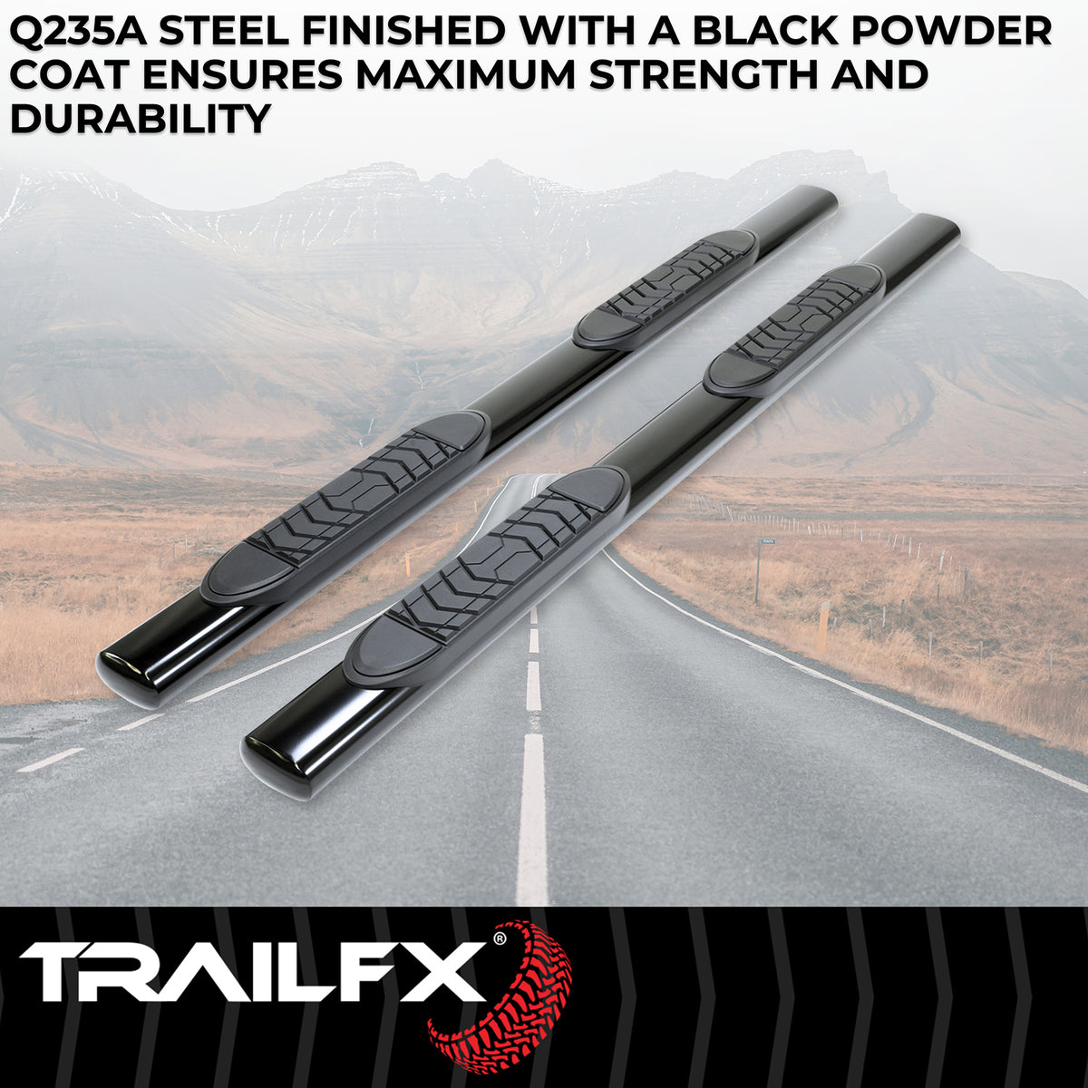 TrailFX Step Nerf Bar For Ford F-150, Ford F-250 Super Duty, Ford F-350 Super Duty - With Step Pads 5 Inch Oval Straight Powder Coated Black (A7041B)