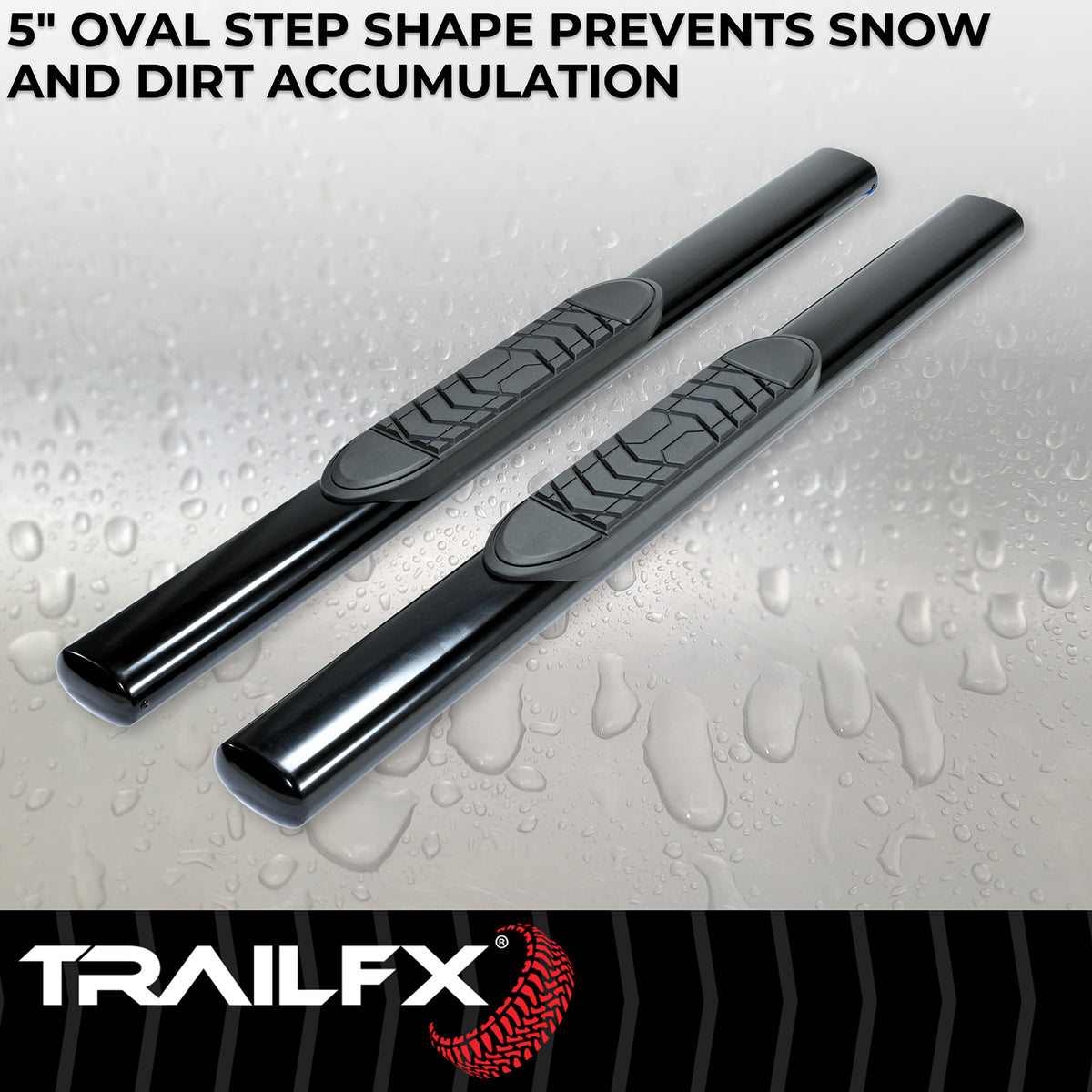 TrailFX Step Nerf Bar For Dodge, Ram Trucks - With Step Pads 5 Inch Oval Straight Powder Coated Black (A7054B)