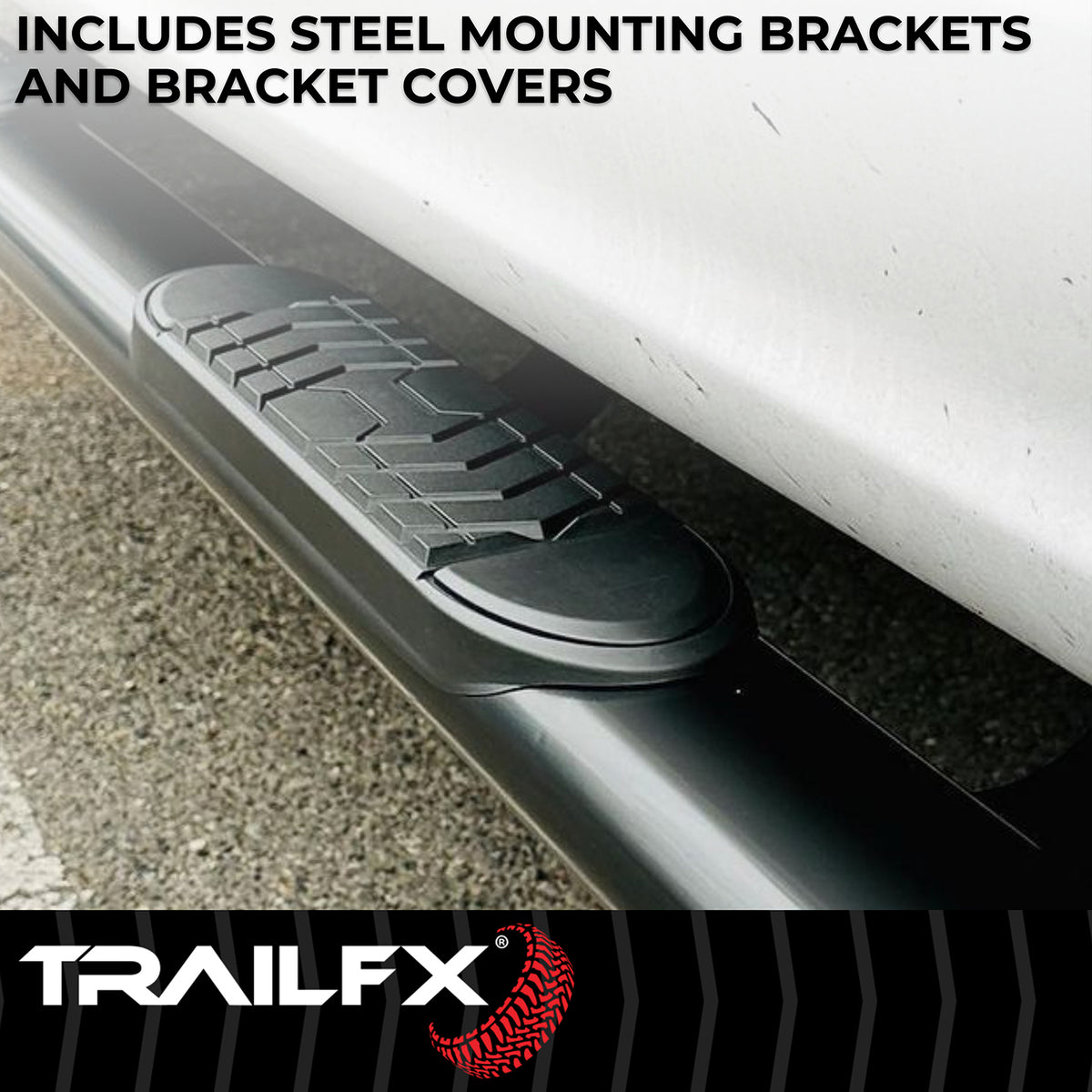 TrailFX Step Nerf Bar For Dodge, Ram Trucks - With Step Pads 5 Inch Oval Straight Powder Coated Black (A7057B)