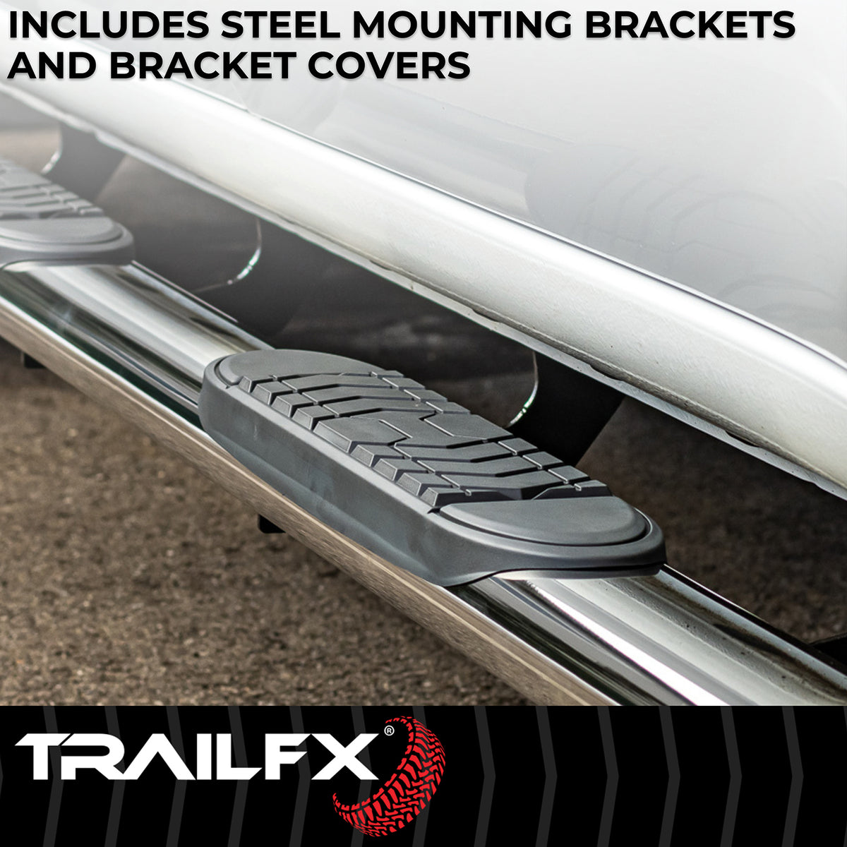 TrailFX Step Nerf Bar For Chevrolet, GMC Trucks - With Step Pads 5 Inch Oval Bent Polished Stainless Steel (A7066S)