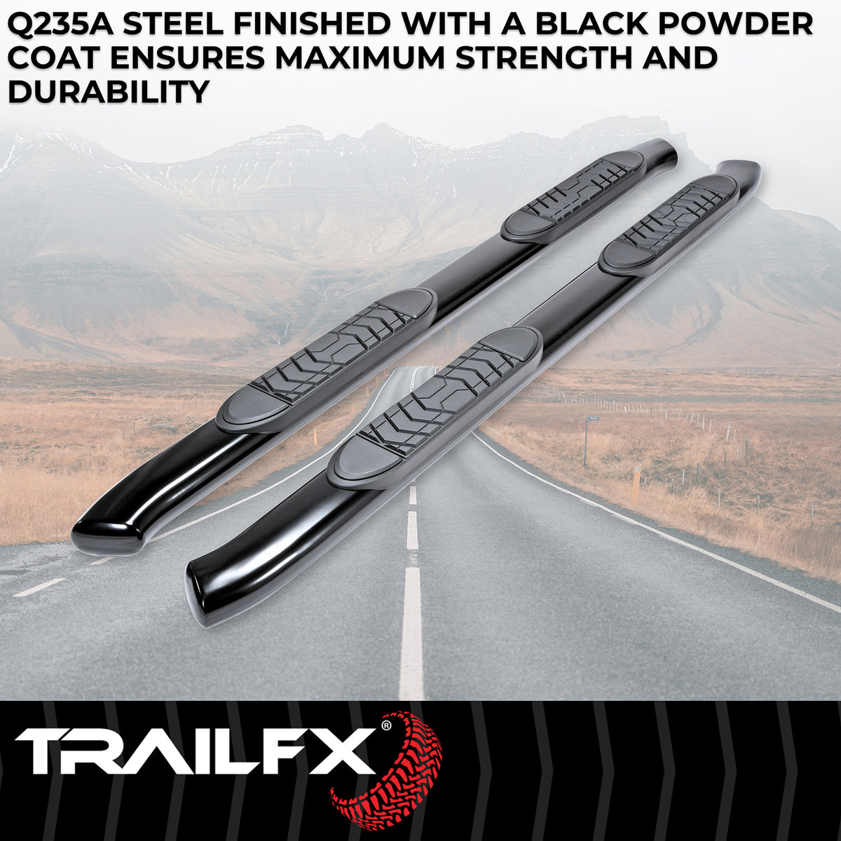TrailFX Step Nerf Bar For Ford Ranger - With Step Pads, 5 Inch Oval Bent, With Welded End Caps (A7091B)