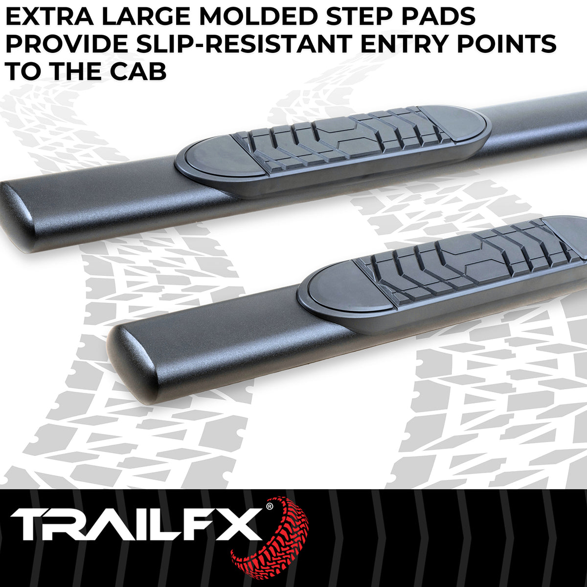 TrailFX Step Nerf Bar For Toyota Tacoma - With Step Pads, 5 Inch Oval Bent, With Welded End Caps (A7103T)