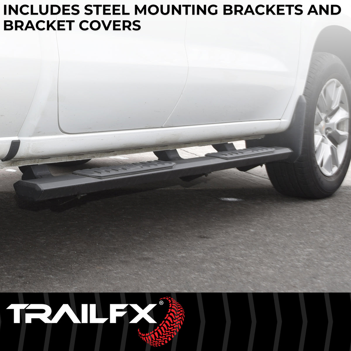 TrailFX Step Nerf Bar For Chevrolet Colorado, GMC Canyon - With Step Pads, 4 1/2 Inch Hexagonal Straight, With Plastic (AL4001B)