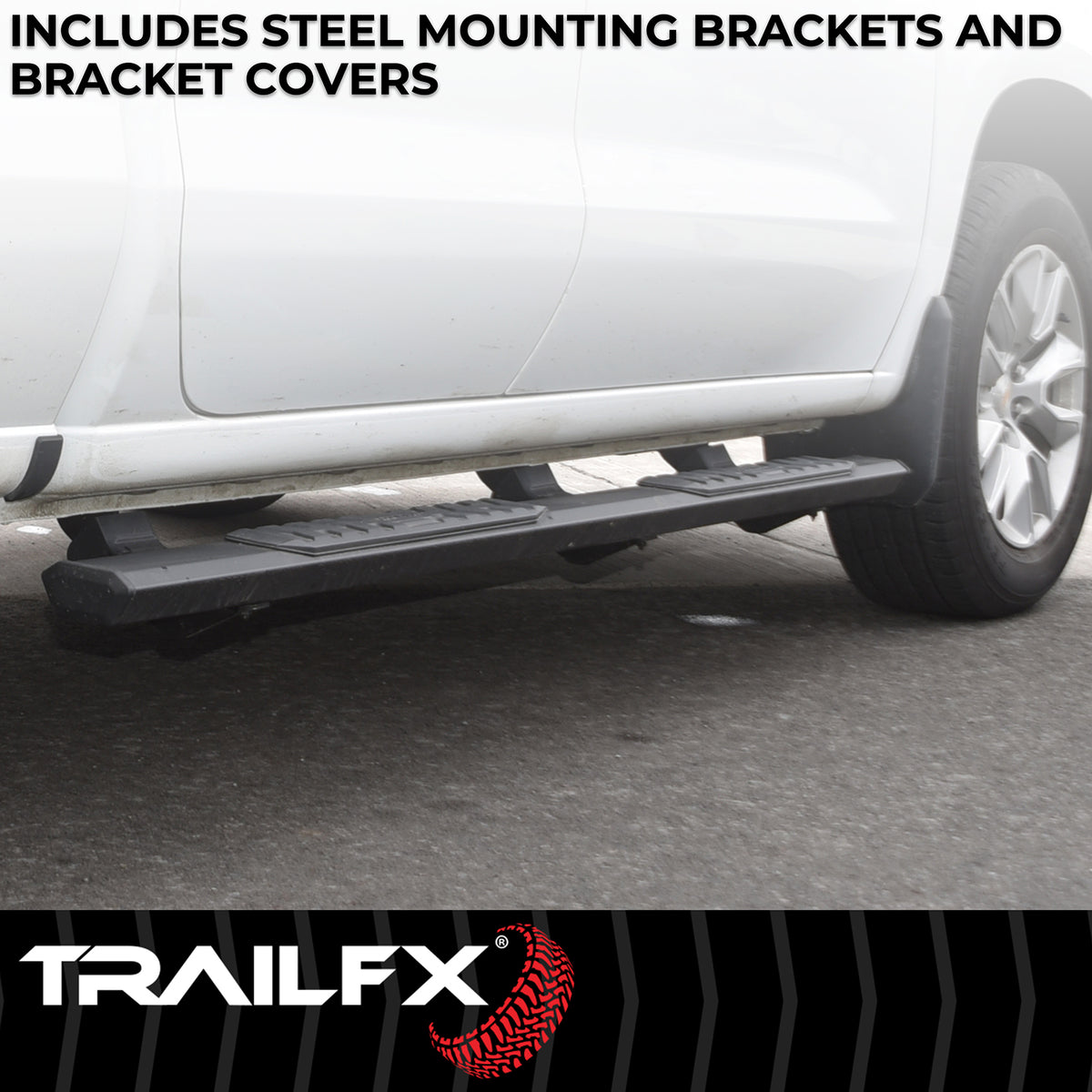 TrailFX Step Nerf Bar For Chevrolet Colorado, GMC Canyon - With Step Pads, 4 1/2 Inch Hexagonal Straight, With Plastic (AL4002B)