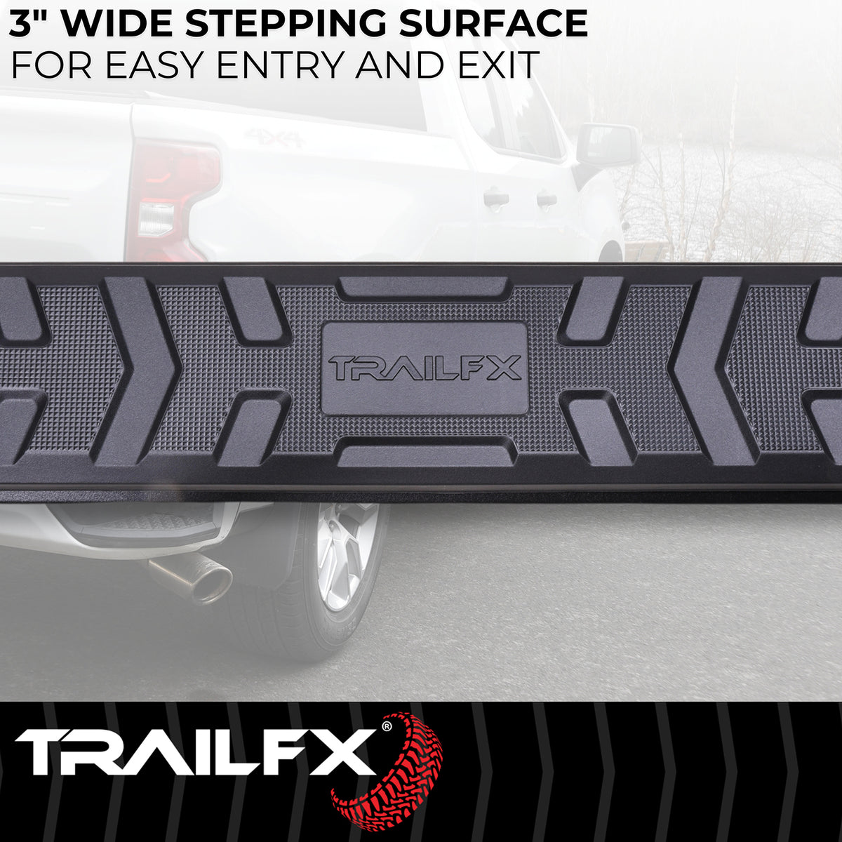 TrailFX Step Nerf Bar For Chevrolet, GMC Trucks - With Step Pads, 4 1/2 Inch Hexagonal Straight, With Plastic (AL4006B)