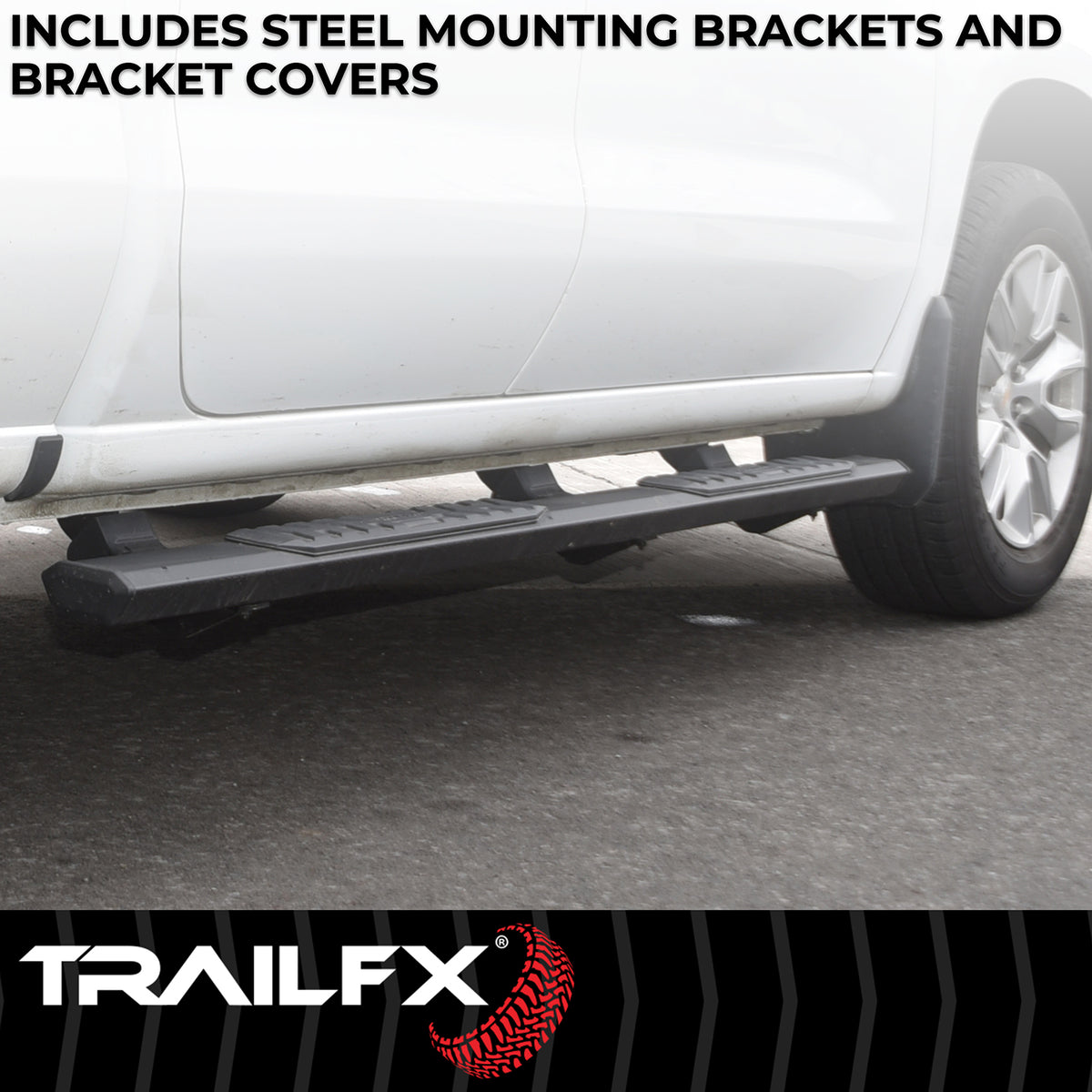 TrailFX Step Nerf Bar For Ford Trucks - With Step Pads, 4 1/2 Inch Hexagonal Straight, With Plastic (AL4012B)