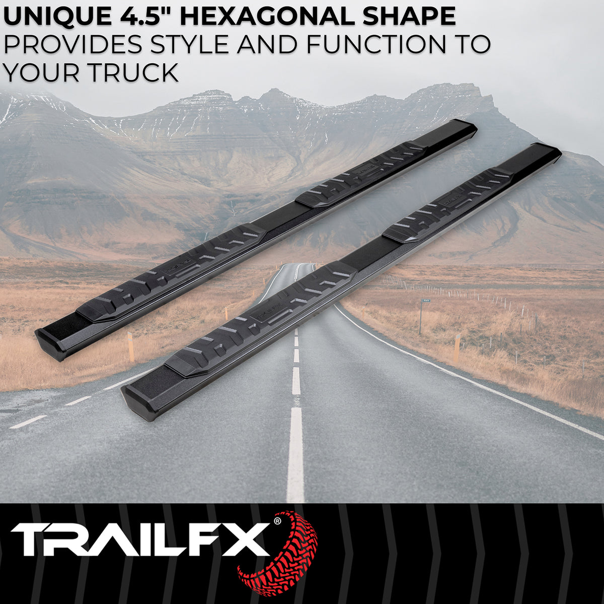 TrailFX Step Nerf Bar For Toyota Tundra - With Step Pads, 4 1/2 Inch Hexagonal Straight, With Plastic (AL4019B)