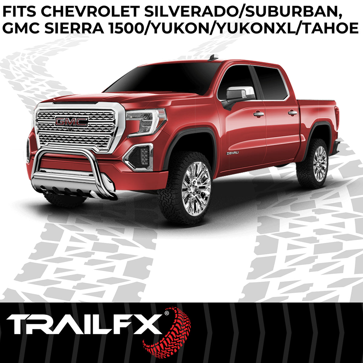 TrailFX Bull Bar For Cadillac, Chevrolet, GMC Trucks - Polished Stainless Steel 3 Inch Diameter With Skid Plate (B0033S)