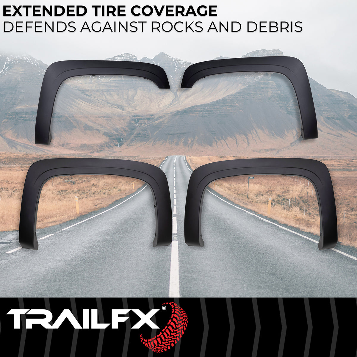 TrailFX Fender Flare For Chevrolet Silverado 1500, Chevrolet Silverado 2500 HD, Chevrolet Silverado 3500 HD - Black Smooth Paintable Finish, Extended Tire Coverage, With (TFC3001OE)