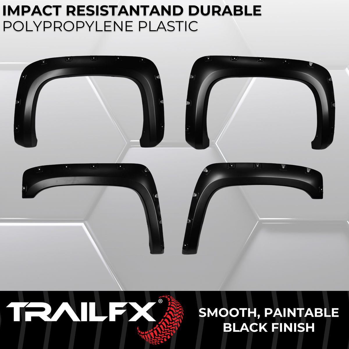 TrailFX Fender Flare For Chevrolet Silverado 1500, Chevrolet Silverado 2500 HD, Chevrolet Silverado 3500 HD - Injected Polypropylene, With Polished Stainless And Black (TFC3001S)