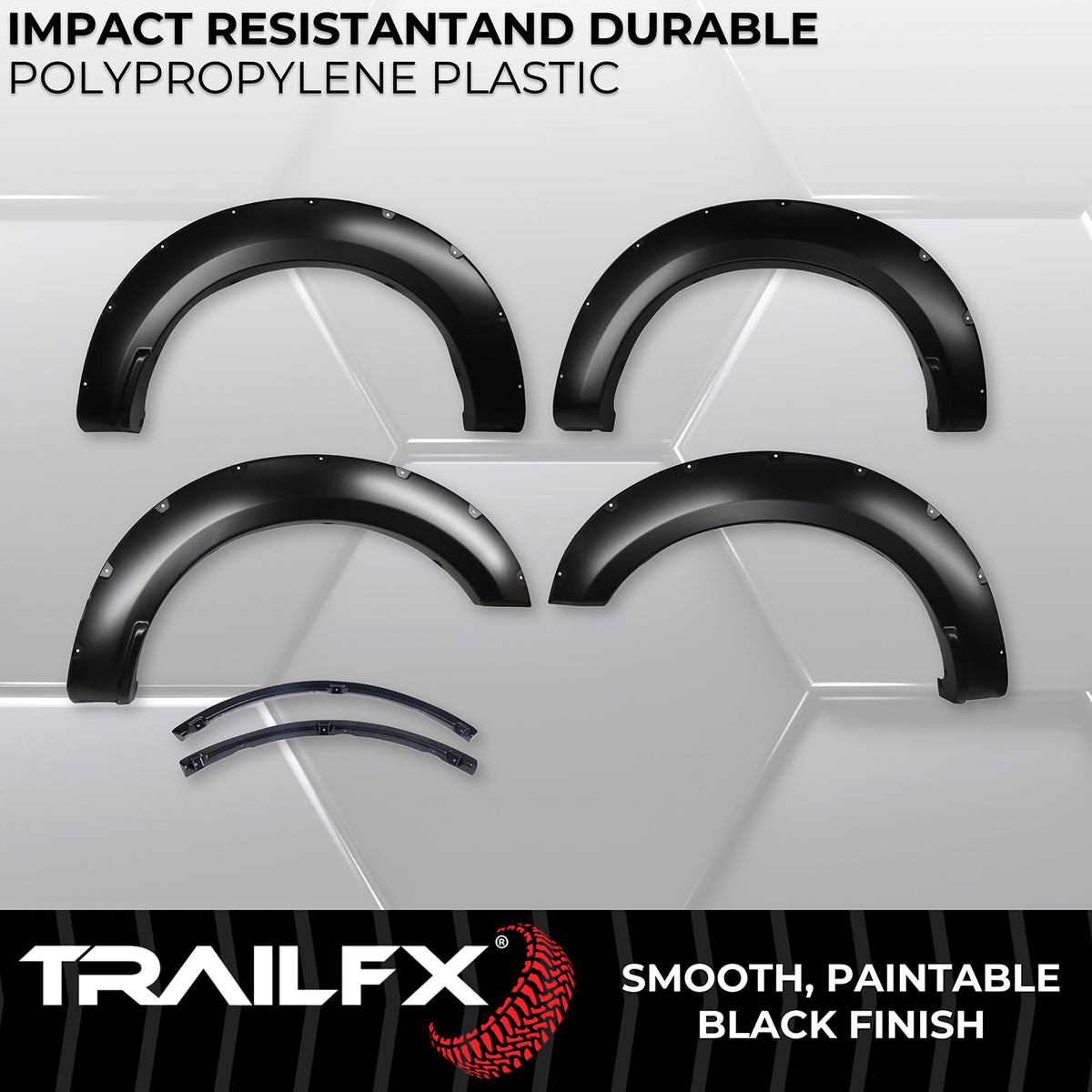 TrailFX Fender Flare For Ford F-250 Super Duty, Ford F-350 Super Duty, Ford F-450 Super Duty - Injected Polypropylene, With Polished Stainless And Black (TFF3007S)