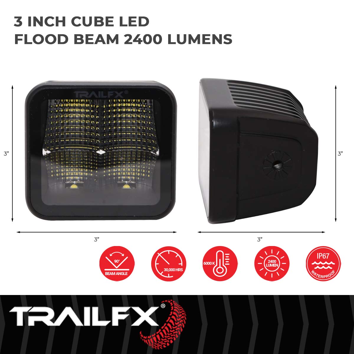 TrailFX Driving Light - 90 Degree Flood Beam, 2400 Raw Lumens/ 1500 Effective (2X2CFBK)