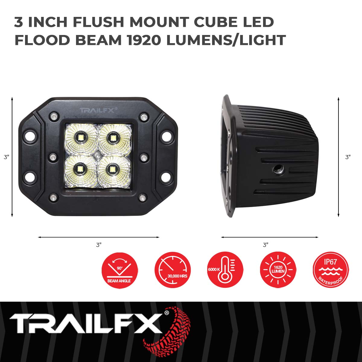 TrailFX Driving Light - 90 Degree Flood Beam, 1920 Raw Lumens/ 1200 Effective (2X2CFFMPR)
