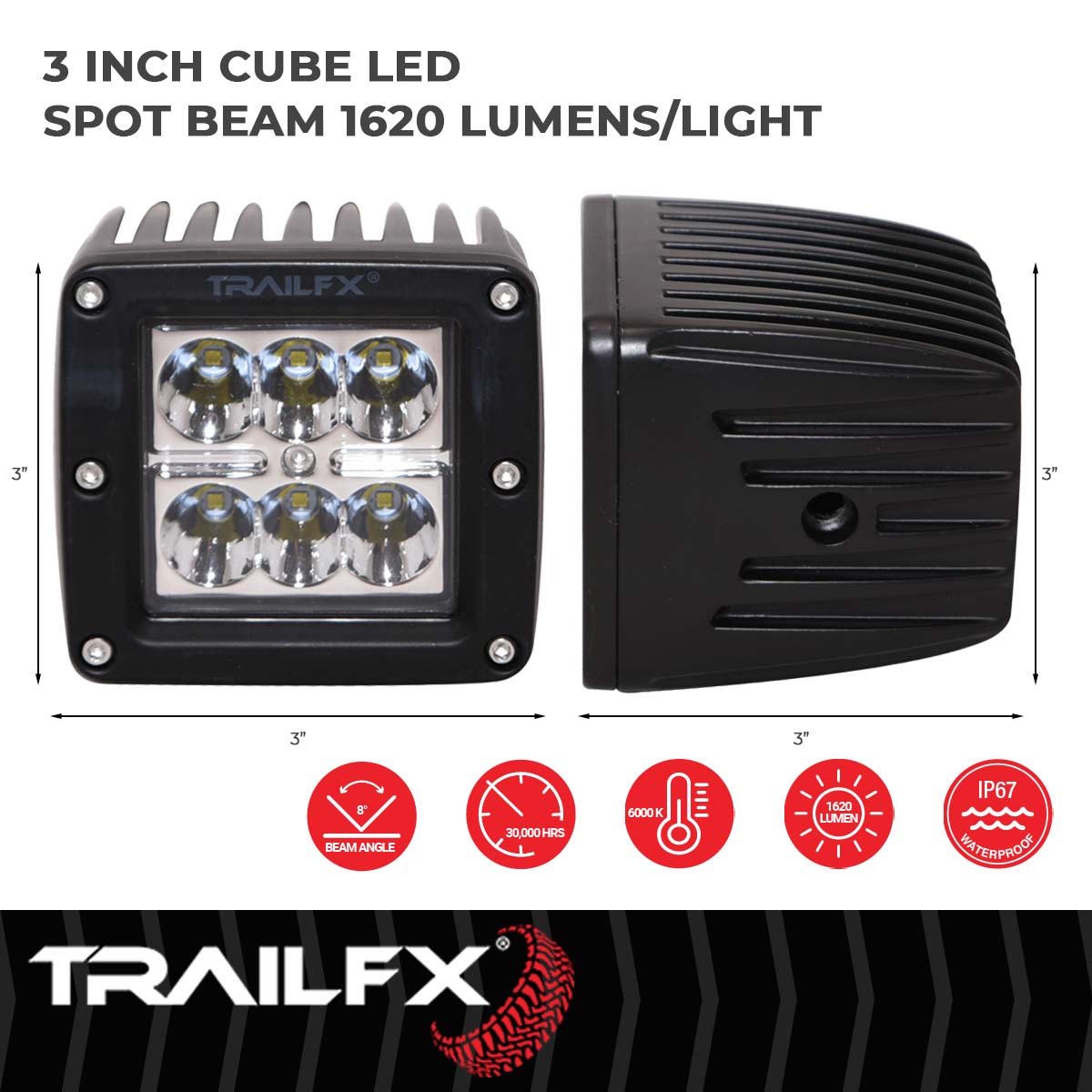 TrailFX Driving Light - 8 Degree Spot Beam, 1620 Raw Lumens/ 940 Effective Lumens (3X2CSPPR)