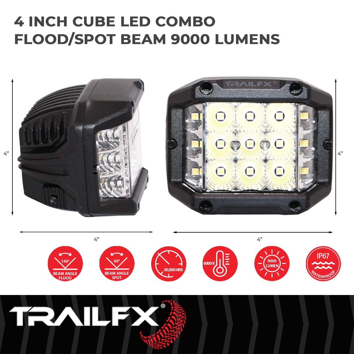 TrailFX Driving Light - 60 Degree Spot/ 140 Degree Flood Beam Combination, 9000 Raw (PODSIDEF)