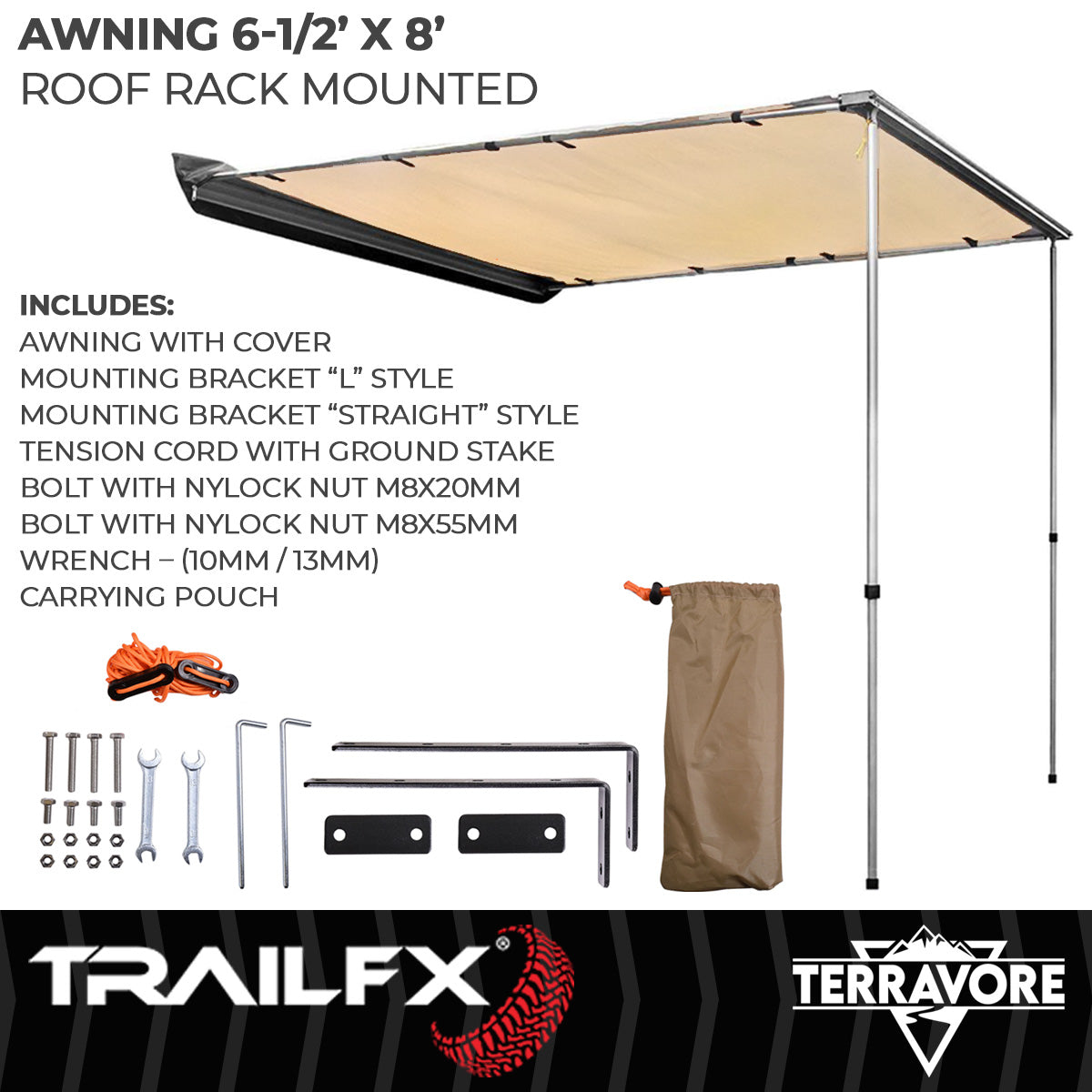 TrailFX Portable Awning - Manual, 6-1/2 Foot Length x 8 Foot Extension, With Aluminum (AWN002)
