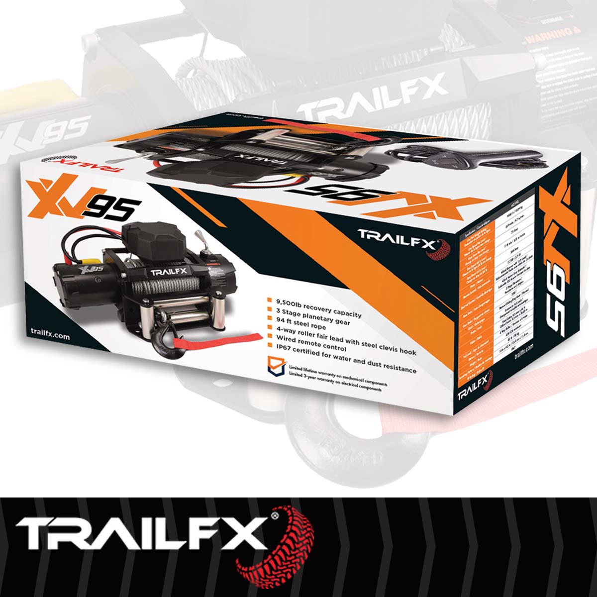 TrailFX Winch - 12 Volt Electric, 9500 Pound Line Pull Capacity, 94 Foot (WXV95B)
