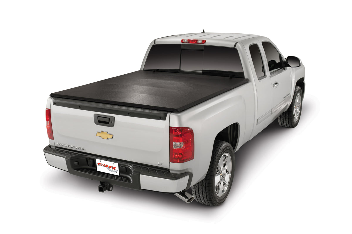TrailFX Tonneau Cover For Chevrolet Silverado 1500, Chevrolet Silverado 3500 HD, GMC Sierra 1500 - Soft Tri-Fold Non-Lockable Black Vinyl With Aluminum Rails (TFX1006)